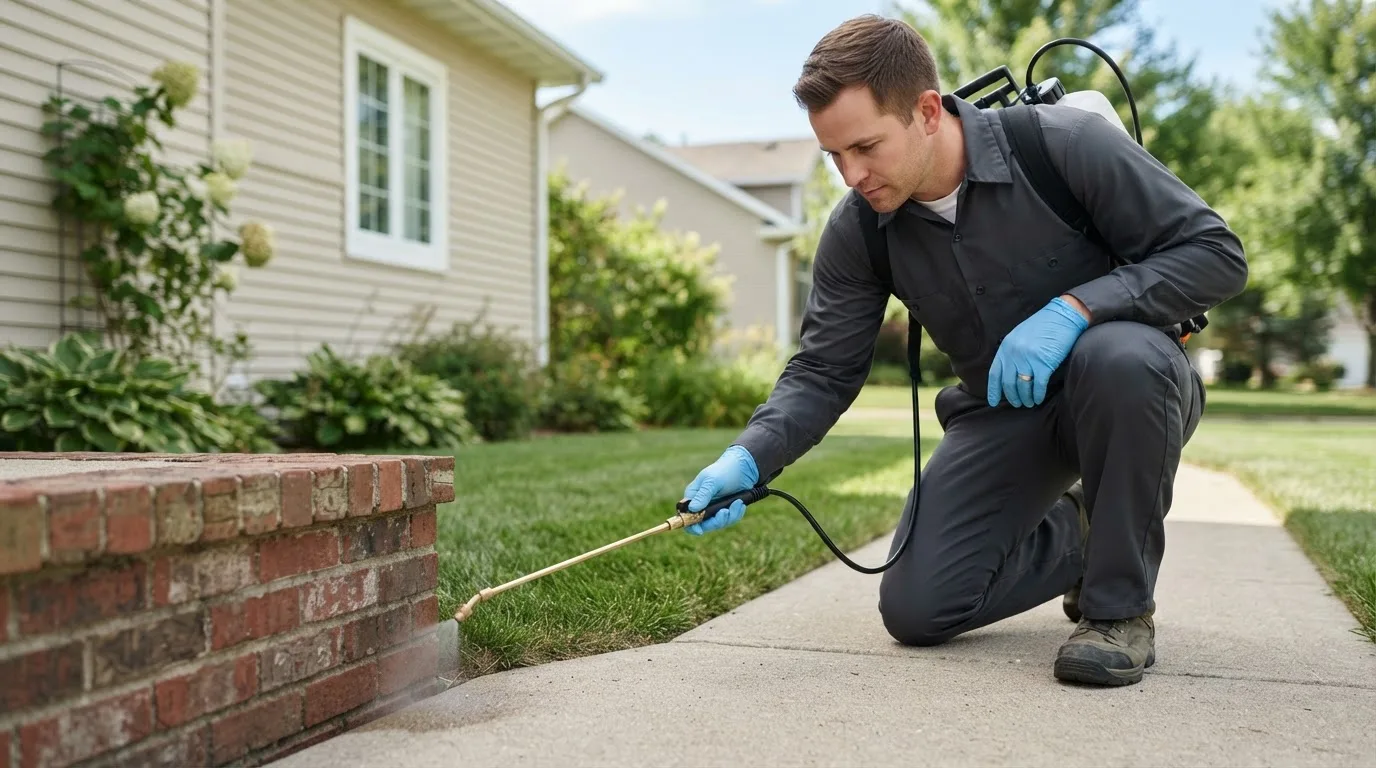 Pest control technician treating a home near Reedville, VA